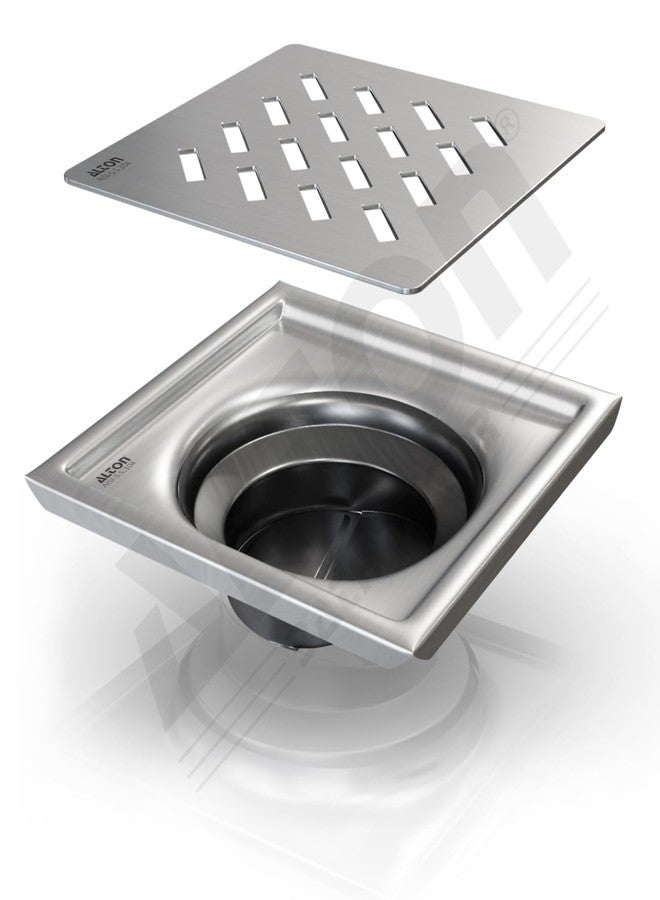 ALTON ALD1003, SS-304 Grade, 6x6 INCH Plain, Bathroom Grating Square Floor Drain Jali with ABS Cockroach Trap, Matte - Image 1